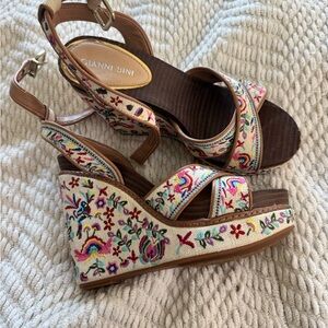 Gianni Bini Cream Wedge Sandals with Multicolor Embroidery